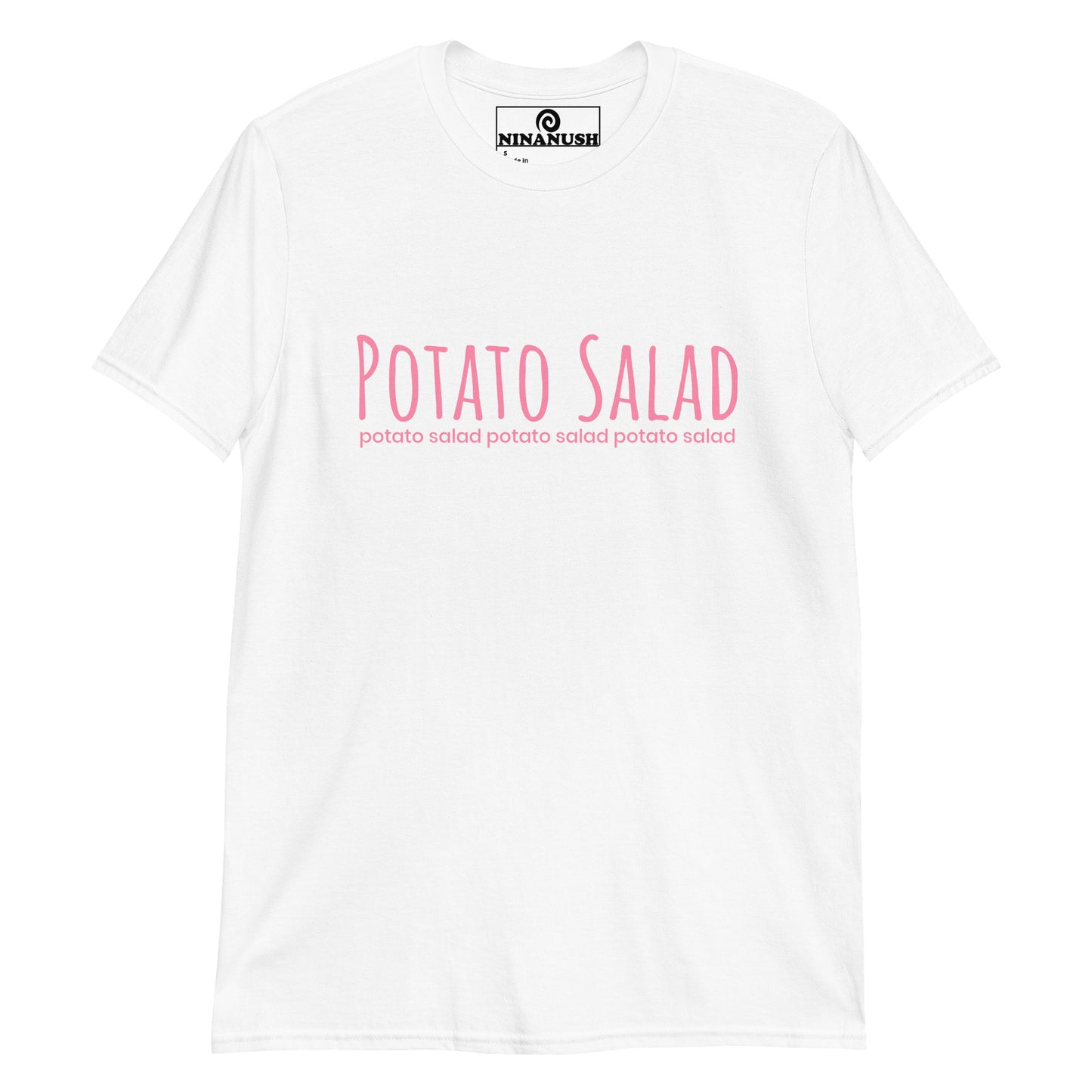 White potato salad t-shirt from Nina's Funky Shop by ninanush - The "Potato Salad T-Shirt." This funny food shirt is designed for the potato salad lover in you. Now you can eat your favorite potato salad in style with this unique foodie graphic tee. This cotton shirt is soft and comfortable with an eye catching pink design. The perfect gift for a potato salad enthusiast and foodies of all kinds.