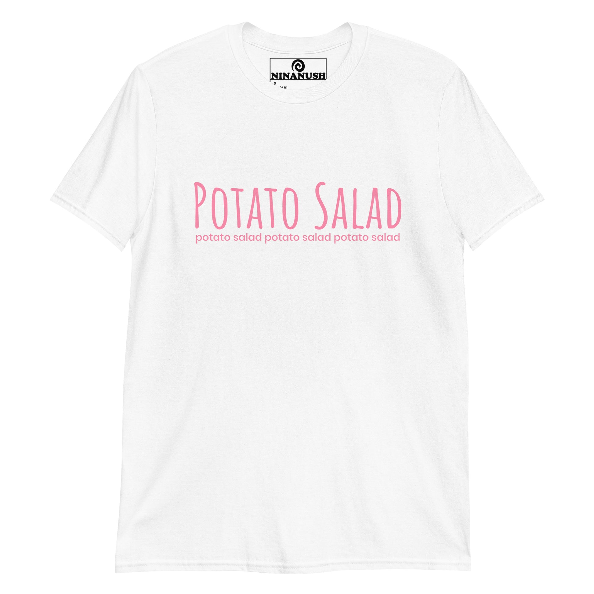 White potato salad t-shirt from Nina's Funky Shop by ninanush - The "Potato Salad T-Shirt." This funny food shirt is designed for the potato salad lover in you. Now you can eat your favorite potato salad in style with this unique foodie graphic tee. This cotton shirt is soft and comfortable with an eye catching pink design. The perfect gift for a potato salad enthusiast and foodies of all kinds.