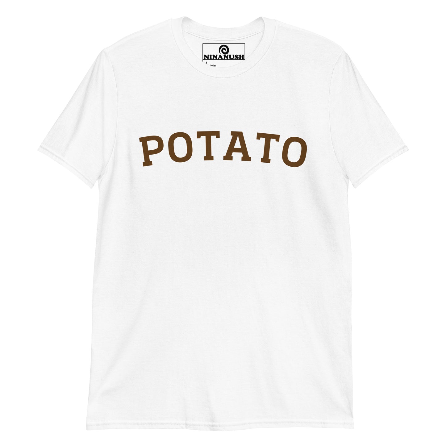 White potato t-shirt from Nina's Funky Shop by ninanush - This potato T-Shirt is made from high-quality cotton with the word "Potato" printed in brown on the front. Eat your favorite potatoes in style in this funny foodie tee. It's soft, comfortable and made just for you. The perfect potato lover t-shirt and gift for potato enthusiasts or a quirky tee for foodies of all kinds.