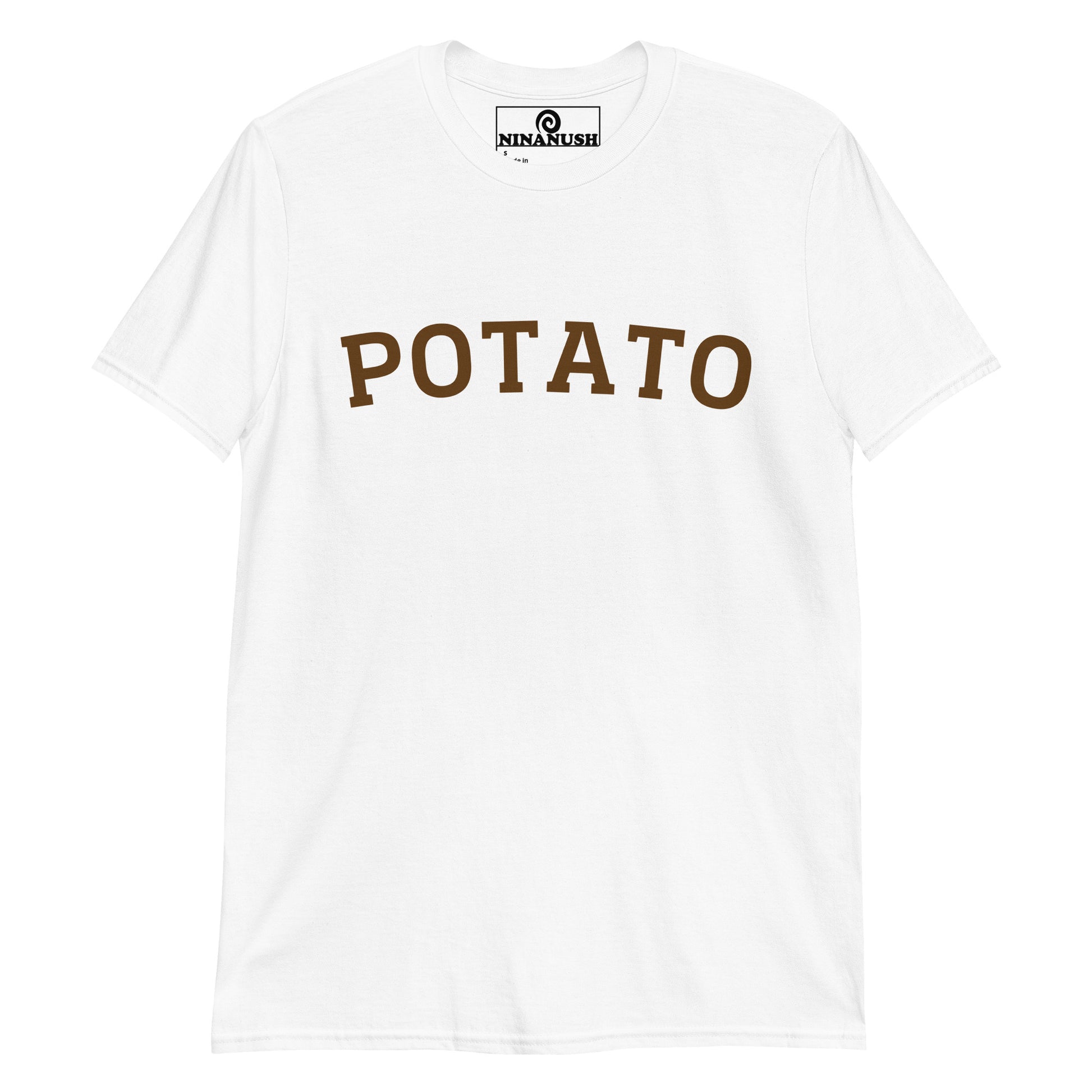 White potato t-shirt from Nina's Funky Shop by ninanush - This potato T-Shirt is made from high-quality cotton with the word "Potato" printed in brown on the front. Eat your favorite potatoes in style in this funny foodie tee. It's soft, comfortable and made just for you. The perfect potato lover t-shirt and gift for potato enthusiasts or a quirky tee for foodies of all kinds.