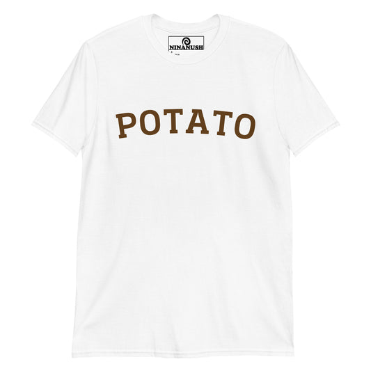 White potato t-shirt from Nina's Funky Shop by ninanush - This potato T-Shirt is made from high-quality cotton with the word "Potato" printed in brown on the front. Eat your favorite potatoes in style in this funny foodie tee. It's soft, comfortable and made just for you. The perfect potato lover t-shirt and gift for potato enthusiasts or a quirky tee for foodies of all kinds.