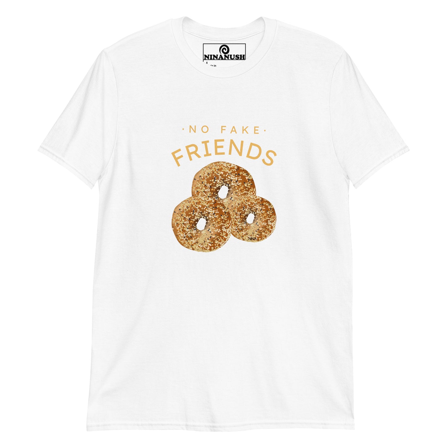 White no fake friends shirt from Nina's Funky Shop by ninanush - This "no fake friends" shirt is designed for bagel lovers with unique everything bagels, hand-drawn by Nina. Eat bagels and make a statement in this bagel enthusiast t-shirt. It's soft, comfortable, and made just for you. Stand out in this quirky t-shirt or give it as a gift for a bagel lover or foodie of all kinds.