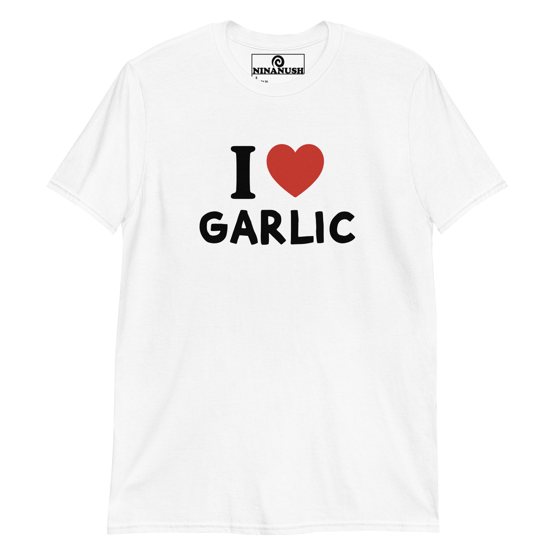 White I heart Garlic t-shirt from Nina's Funky Shop by ninanush - The I love garlic t-shirt! A t-shirt for garlic lovers that stands out and makes a statement. Wear this funny garlic shirt and show off you foodie passions. It's a funny graphic tee for garlic enthusiasts and it's made just for you. This garlic shirt is the perfect quirky t-shirt or a funny gift for a garlic lover. 