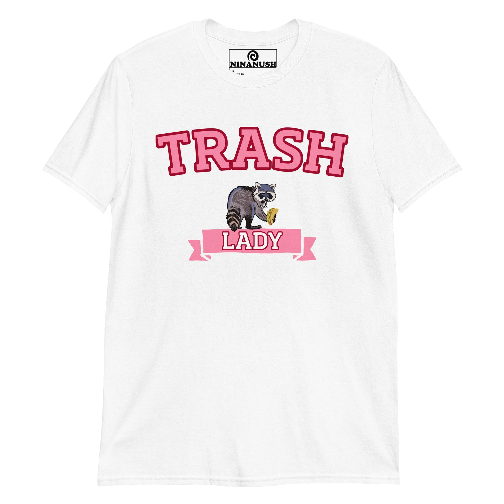 White trash lady t-shirt with raccoon eating a taco from Nina's Funky Shop by ninanush - The pink trash lady raccoon t-shirt! A funny raccoon t-shirt that's totally unique and made just for you. Wear this trash lady shirt and show off your love of raccoons. It has an original, hand drawn design by Nina. Stay funky and eat trash in this funny raccoon t-shirt or give it as a funny gift for taco lovers and foodies of all kinds.