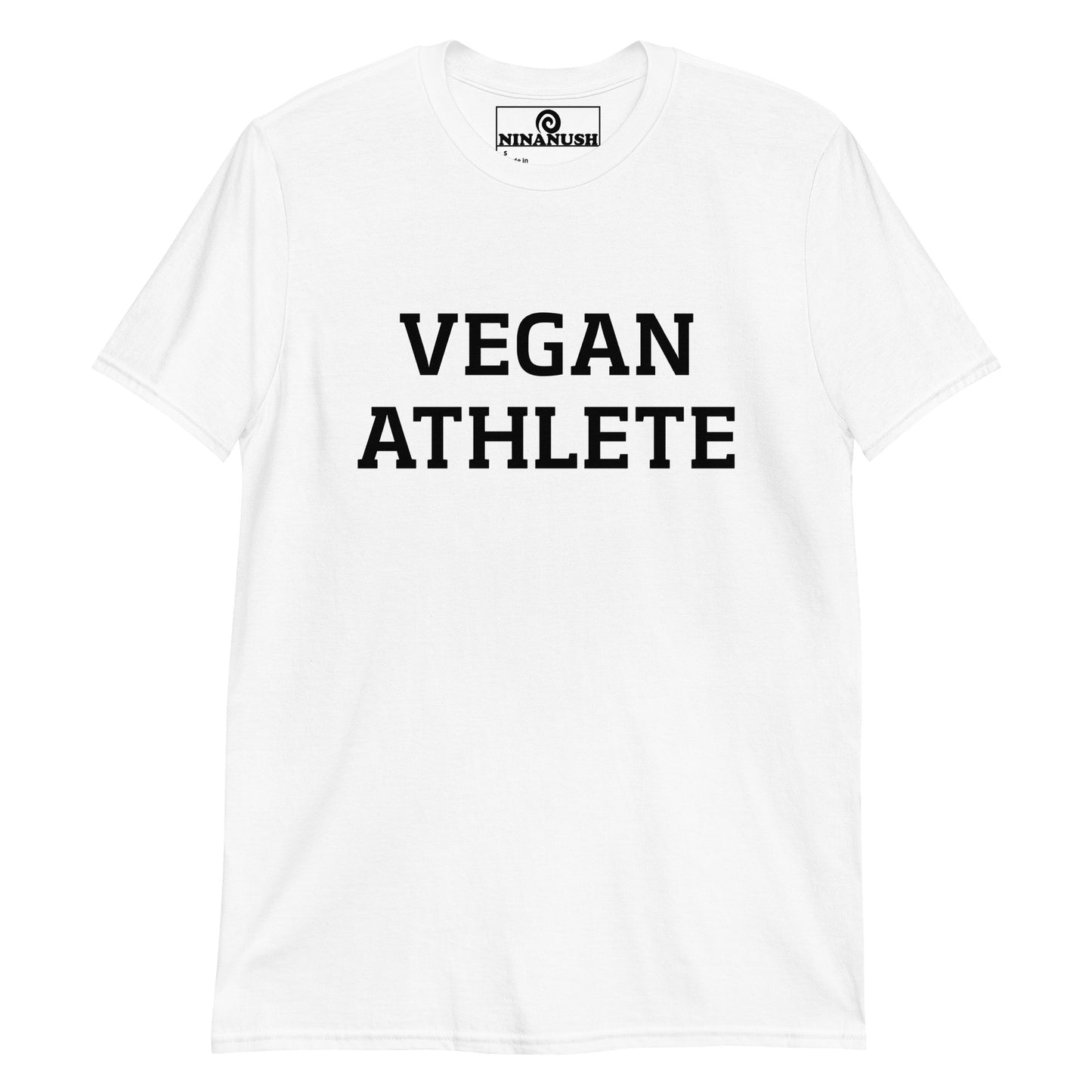 White vegan athlete t-shirt from Nina's Funky Shop by NInanush - This "vegan athlete" t-shirt is meaningful and a bold statement tee for vegans. It's a soft and comfortable t-shirt that's designed for vegans and made just for you. Show off your plant based enthusiasm, stand out and stand up for the animals in this vegan activist t-shirt or give it as a gift for a vegan athlete.