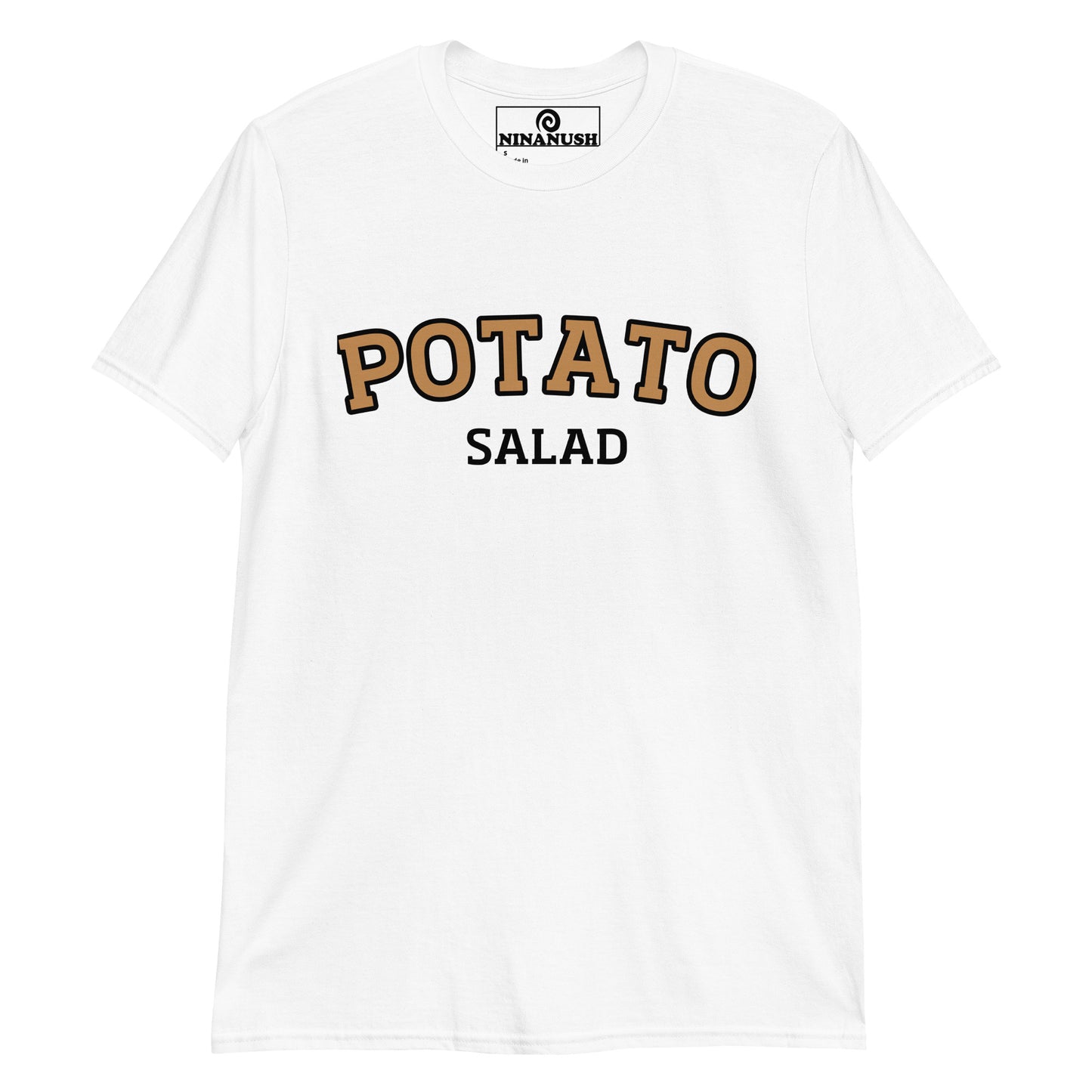 White potato salad t-shirt from Nina's Funky Shop by ninanush - The "Potato Salad T-Shirt." A funny food shirt that's specifically designed for potato salad lovers and foodies of all kinds. Now you can eat your favorite potato salad in style with this unique foodie graphic tee. This cotton shirt is soft and comfortable with an eye catching brown and white design. The perfect gift for a potato salad enthusiast or a quirky tee for all.