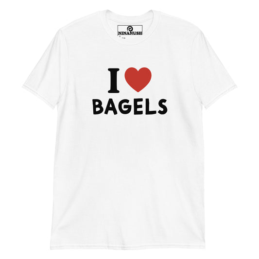 White I heart bagels t-shirt from Nina's Funky Shop by ninanush - The I love bagels t-shirt! A classic t-shirt for bagel lovers and foodies of all kinds. Wear this funny bagel shirt and show off your foodie passions. It's a soft and comfortable tee, designed for bagel enthusiasts and made just for you. This bagel shirt is the perfect quirky graphic tee to add some personality to your outfits or a funny gift for a fellow bagel lover.