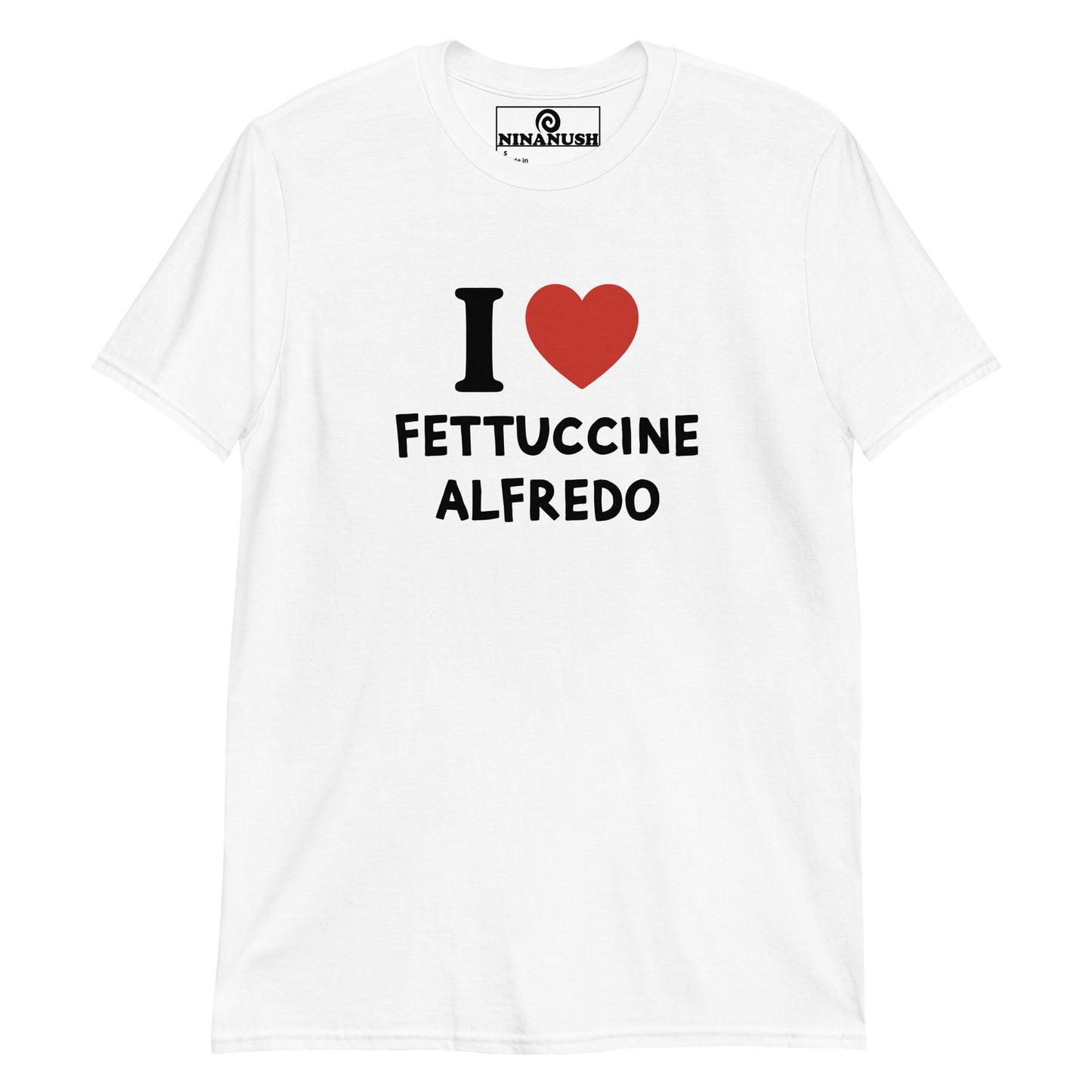 White I heart fettuccine Alfredo t-shirt from Nina's Funky Shop by ninanush - The I love fettuccine Alfredo t-shirt! A classic t-shirt for pasta lovers that stands out and makes a bold statement. Wear this funny foodie shirt and show off your fettuccine passion. It's designed for fettuccine Alfredo enthusiasts and made just for you, or give it as a unique gift for a fettuccine Alfredo lover.