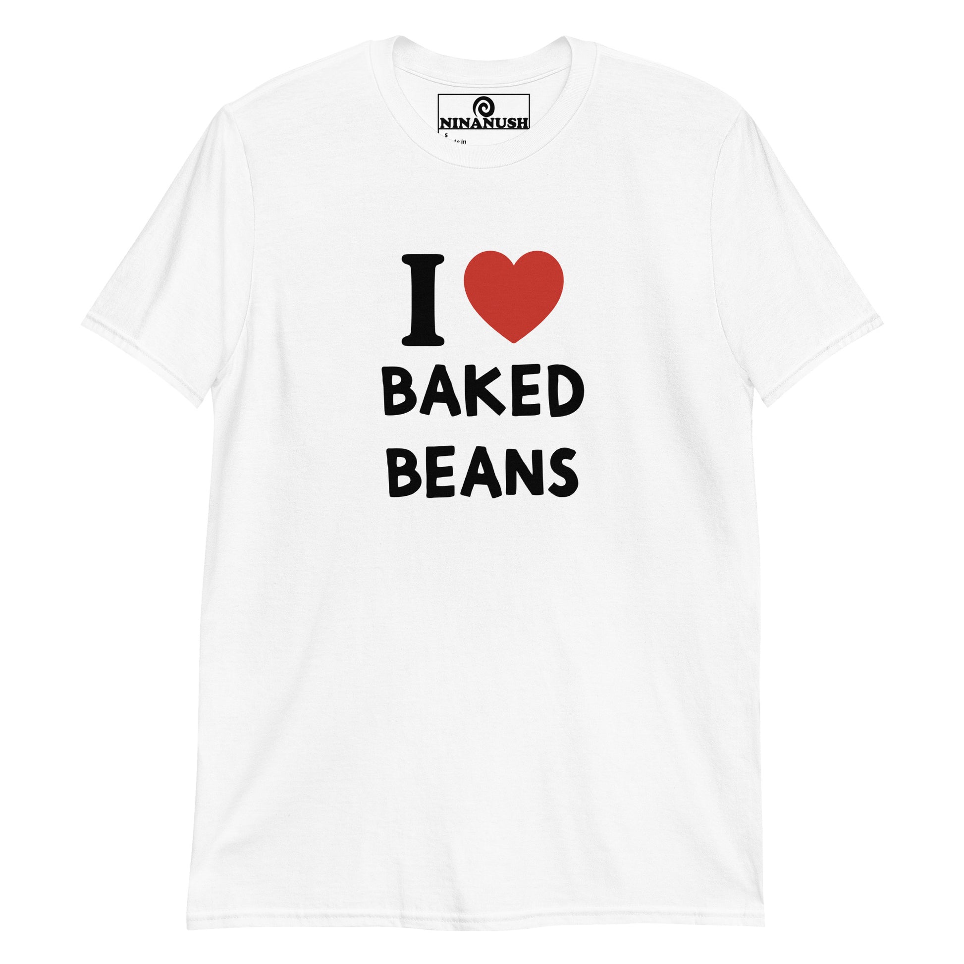 White I heart baked beans t-shirt from Nina's Funky Shop by ninanush - The I love Baked Beans t-shirt! A classic t-shirt for baked bean lovers that stands out and makes a bold statement. It's a soft and comfortable tee, designed for bean enthusiasts and made just for you. This baked beans shirt is the perfect quirky tee to add some personality to your outfits or a funny gift for a fellow bean lover.