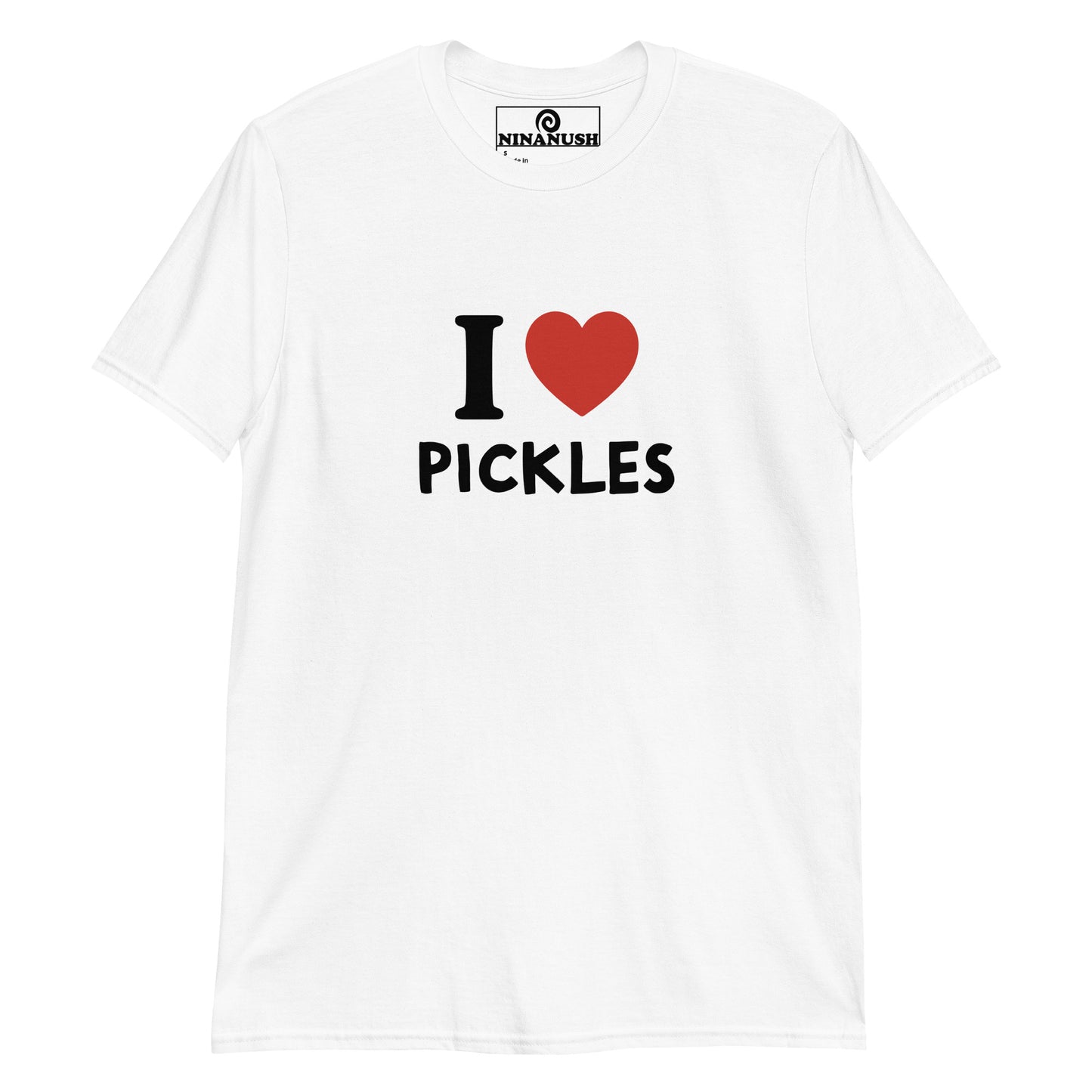 White I love pickles shirt from Nina's Funky Shop by ninanush - The I heart pickles t-shirt! A classic cotton shirt for pickle lovers, designed by Nina and made just for you. Make a bold statement in this pickle tee. It's soft, comfortable and the perfect funny tee for a pickle friend or pickle enthusiast. Celebrate your favorite foods in our funky foodie apparel.