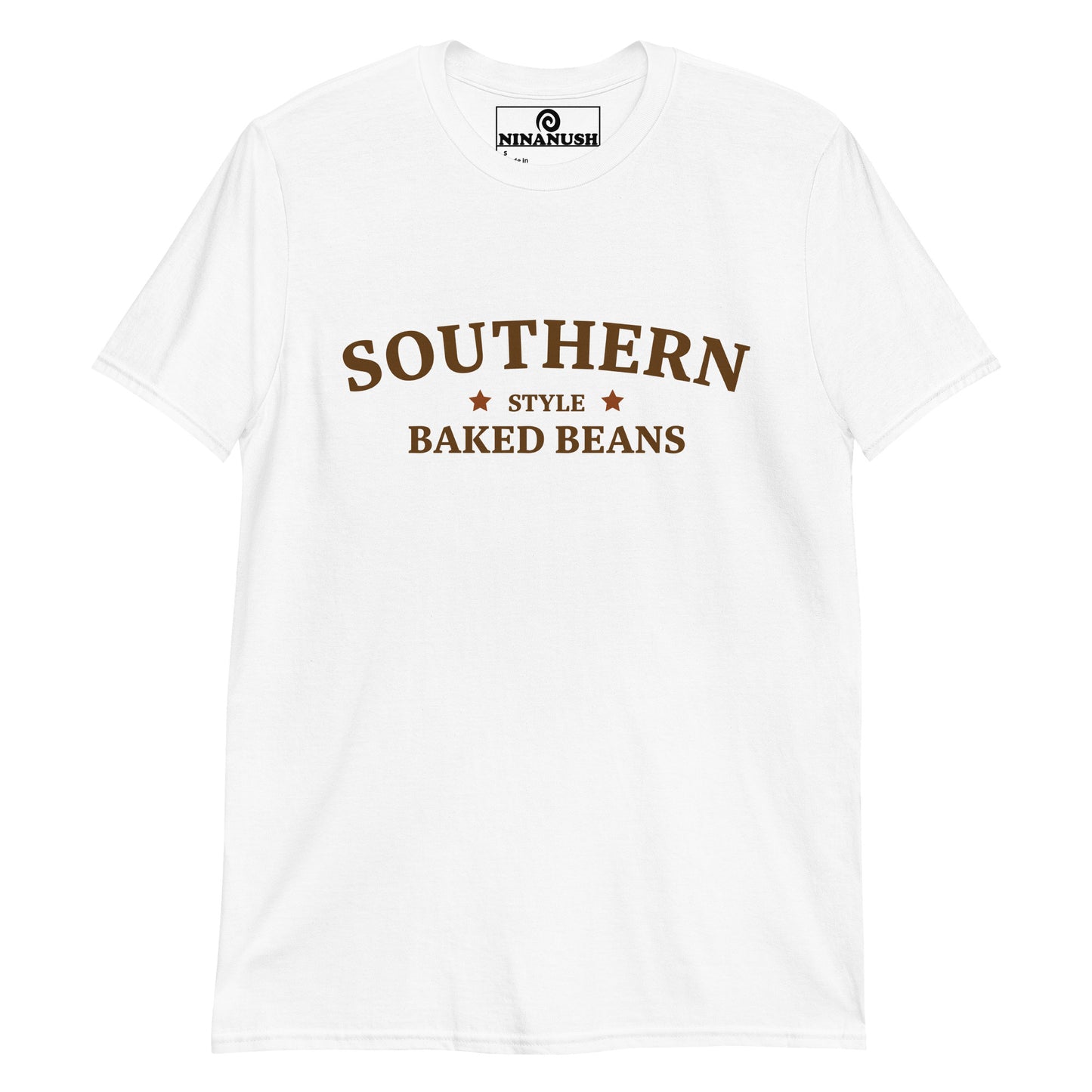 White and brown southern style baked beans t-shirt from Nina's Funky Shop - A funny baked beans t-shirt that's unique and made just for you. 🌟 Eat your favorite baked beans in this quirky t-shirt for southern baked bean lovers and foodies of all kinds. Add a little personality to your style in this baked bean enthusiast t-shirt or give it as a funny gift for a fellow bean aficionado. 