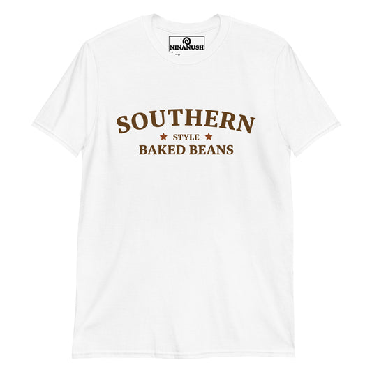 White and brown southern style baked beans t-shirt from Nina's Funky Shop - A funny baked beans t-shirt that's unique and made just for you. 🌟 Eat your favorite baked beans in this quirky t-shirt for southern baked bean lovers and foodies of all kinds. Add a little personality to your style in this baked bean enthusiast t-shirt or give it as a funny gift for a fellow bean aficionado. 