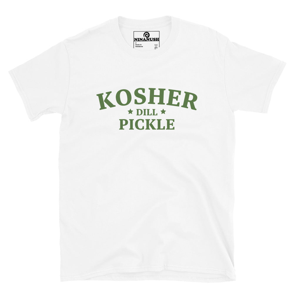 White kosher dill pickle t-shirt from Nina's Funky Shop by ninanush - A kosher dill pickle lover shirt. This stand-out tee is unique and made just for you. It's a classic cotton tee that's soft and comfortable with an original design by Nina, expertly printed on the front. Eat your favorite pickles in this pickle enthusiast tee or give it as a funny gift for that pickle friend.