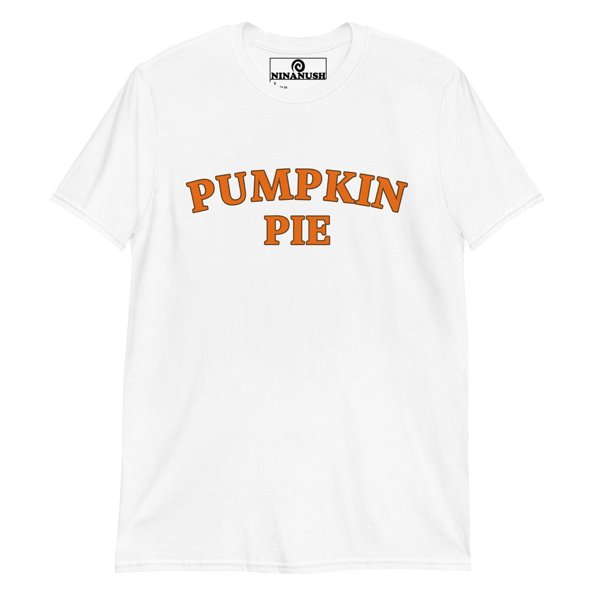 White pumpkin pie t-shirt from Nina's Funky Shop by ninanush - This pumpkin pie t-shirt is comfortable, soft, and the perfect graphic tee for pumpkin enthusiasts. Add a little personality to your everyday style with this stand-out pumpkin lover shirt or give it as a gift to your favorite pie aficionado. It's a classic cotton tee with an original orange pumpkin pie design by Nina.