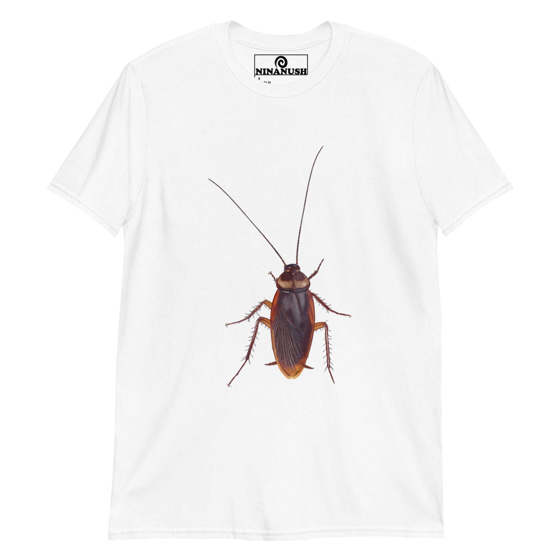 White cockroach t-shirt with large brown cockroach climbing up from Nina's Funky Shop by ninanush - Cockroaches are cool. This cockroach t-shirt is soft and comfortable with a totally unique and funky cockroach design. It's a funny t-shirt for insect enthusiasts and a statement graphic tee that's sure to turn heads. Give this weird shirt as a sarcastic gift or add a little personality to your everyday style.