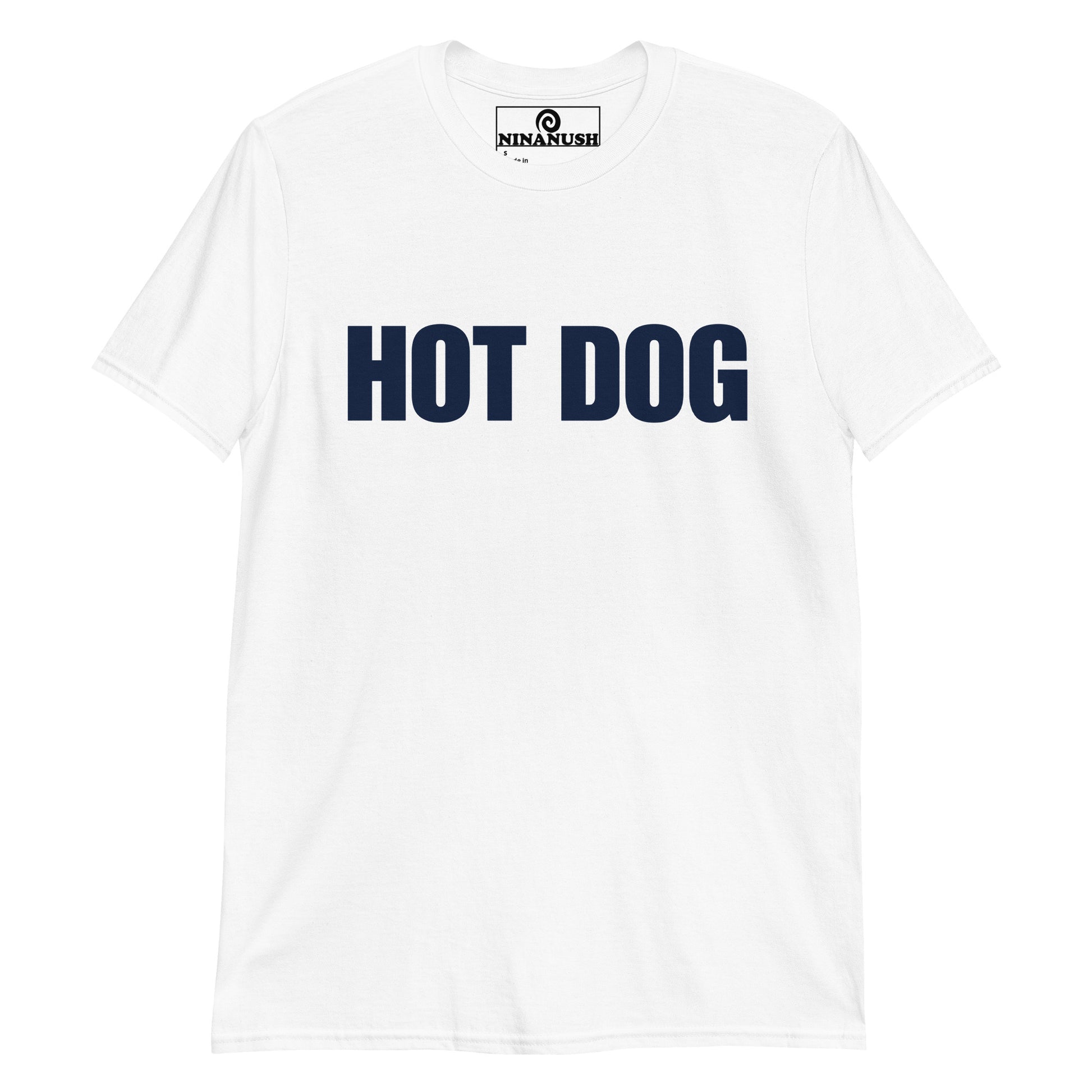 White Hot Dog T-shirt from Nina's Funky Shop by ninanush - Do you love hot dogs? Looking for a fun foodie gift? Our Hot Dog Shirt is just for you! It's a unisex, crew neck T-shirt that's soft and comfortable with "Hot Dog", expertly printed on the front. Stand out and eat your favorite foods in this funny foodie tee, it's designed by Nina and made just for you.