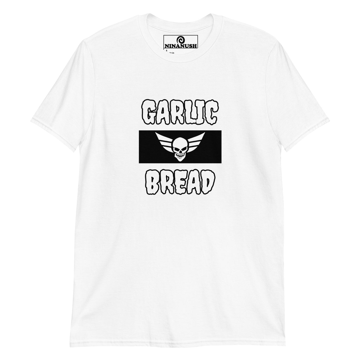 White Garlic Bread Scull T-shirt from Nina's Funky Shop by ninanush - Do you love garlic bread? Looking for a funny gift for a friend? This Garlic Bread T-Shirt is just for you! It's soft, made of comfortable cotton and has a funny foodie design, expertly printed on the front. This spooky foodie tee comes in a variety of colors and makes the perfect shirt for garlic bread enthusiasts.