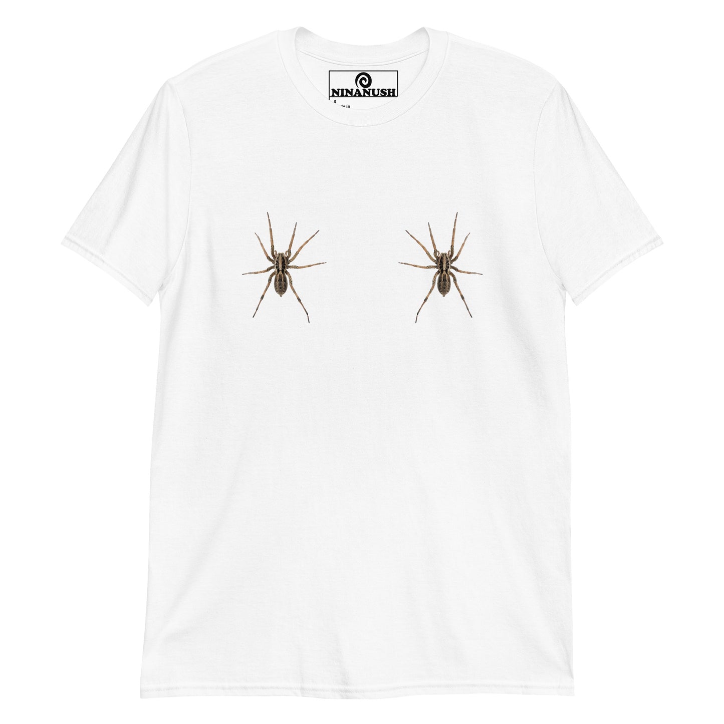 White Wolf Spider T-shirt from Nina's Funky Shop by ninanush - Do you like spiders? Looking for a funny Halloween shirt? This spooky spider T-Shirt is just what you need. It's a soft and comfortable cotton shirt with a two wolf spiders on the chest. Our funny spider t-shirt design is expertly printed and made just for you. Stay weird and stand out in this wolf spider t-shirt. 