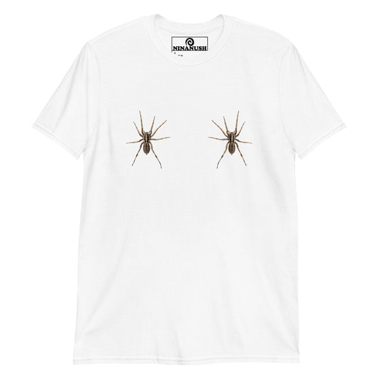 White Wolf Spider T-shirt from Nina's Funky Shop by ninanush - Do you like spiders? Looking for a funny Halloween shirt? This spooky spider T-Shirt is just what you need. It's a soft and comfortable cotton shirt with a two wolf spiders on the chest. Our funny spider t-shirt design is expertly printed and made just for you. Stay weird and stand out in this wolf spider t-shirt. 