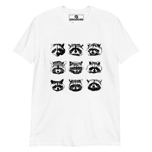 White t-shirt with cute raccoon faces from Nina's Funky Shop by ninanush - Do you love cute raccoons? Looking for a fun gift for raccoon lovers? This raccoon faces T-Shirt is just what you need. It's a soft and comfortable cotton shirt with nine unique and funny raccoon faces, expertly printed on the front. Stay weird in this funny raccoon t-shirt design. Perfect for raccoon enthusiasts of all kinds.