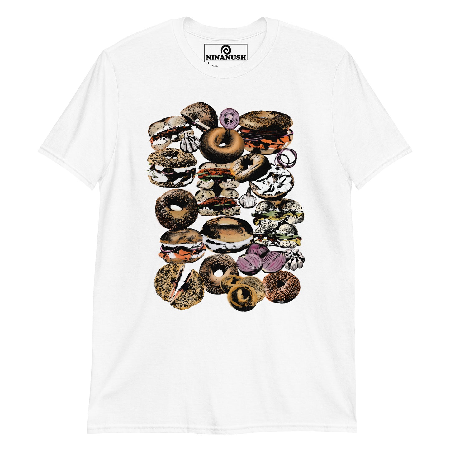 White bagel t-shirt from Nina's Funky Shop by ninanush - Are you a bagel enthusiast? Looking for a bagel lover gift? This funky and colorful bagel shirt features bagels, garlic and onions together in the ultimate bagel lover shirt design. Stand out and eat bagels in this funky everything bagel shirt. It's a funny foodie t-shirt for bagel addicts and foodies of all kinds. 