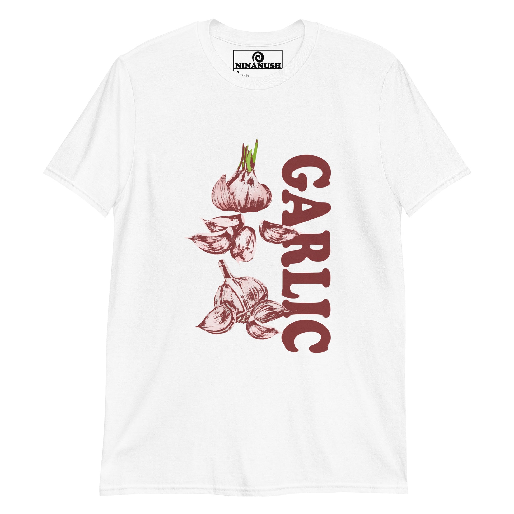 White Garlic T-shirt design from Nina's funky Shop by ninanush - Do you love garlic? Looking for a fun foodie gift? Our funky Garlic T-shirt is just what you need. It's a soft and comfortable garlic graphic tee with a unique garlic design, expertly printed on the front. Stand out in this garlic lover t-shirt. It's the perfect funny foodie t-shirt for garlic enthusiasts and foodies of all kinds.