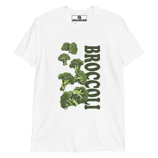 White broccoli t-shirt from Nina's Funky Shop by ninanush - Love broccoli? Looking for a funny gift? This green broccoli T-shirt has an unique veggie design by Nina, expertly printed on the front. Stand out and make a statement in this weird foodie t-shirt. It's the perfect funny foodie t-shirt for broccoli enthusiasts and foodies or a gift for quirky t-shirt lovers of all kinds.