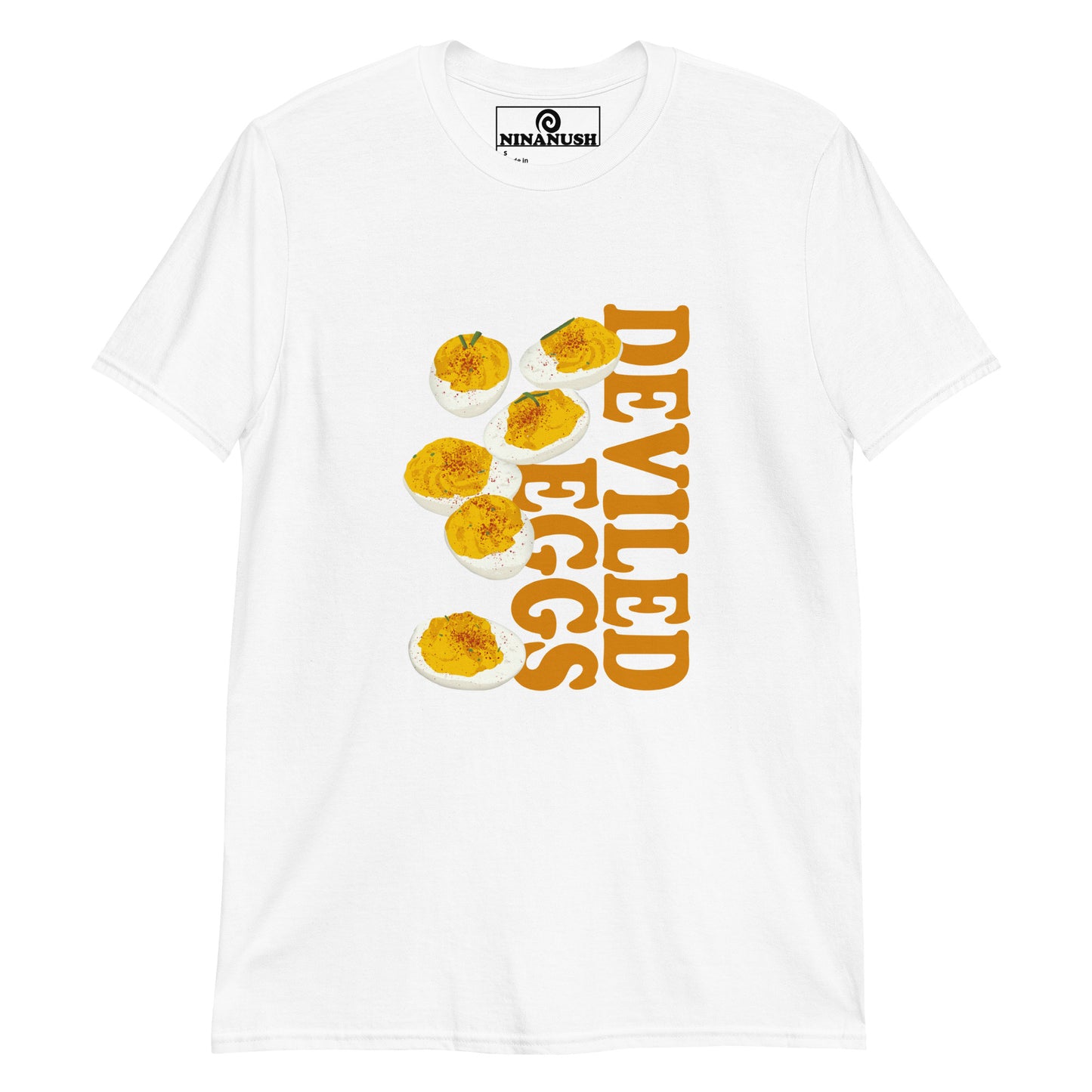 White deviled eggs t-shirt from Nina's Funky Shop by ninanush - Love deviled eggs? Looking for a funny gift for a friend? Our colorful Deviled Eggs T-shirt is just what you need. It's an egg lover t-shirt with an original design on the front. Stand out in this weird graphic tee and eat your favorite deviled eggs. It's the perfect funny foodie t-shirt for deviled egg enthusiasts.