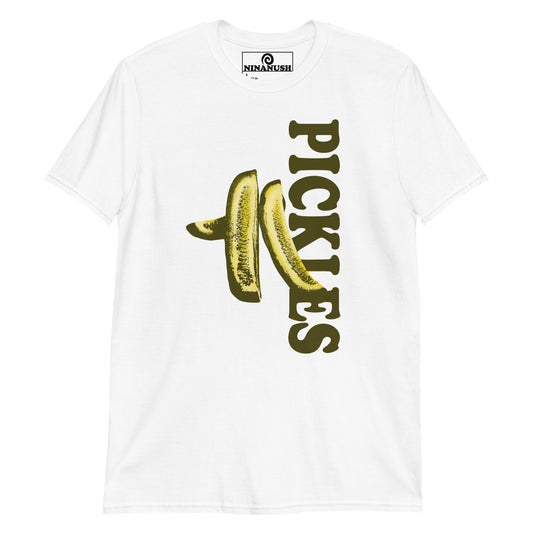 White Pickles T-shirt from Nina's Funky Shop by ninanush - Do you love pickles? Looking for a unique pickle gift? Our Pickle Spears T-shirt is just what you need. It's a soft and comfortable pickles graphic tee with a funky pickle design, expertly printed on the front. Stand out in this pickle lover t-shirt. It's the perfect funny foodie t-shirt for pickle enthusiasts and foodies of all kinds. 