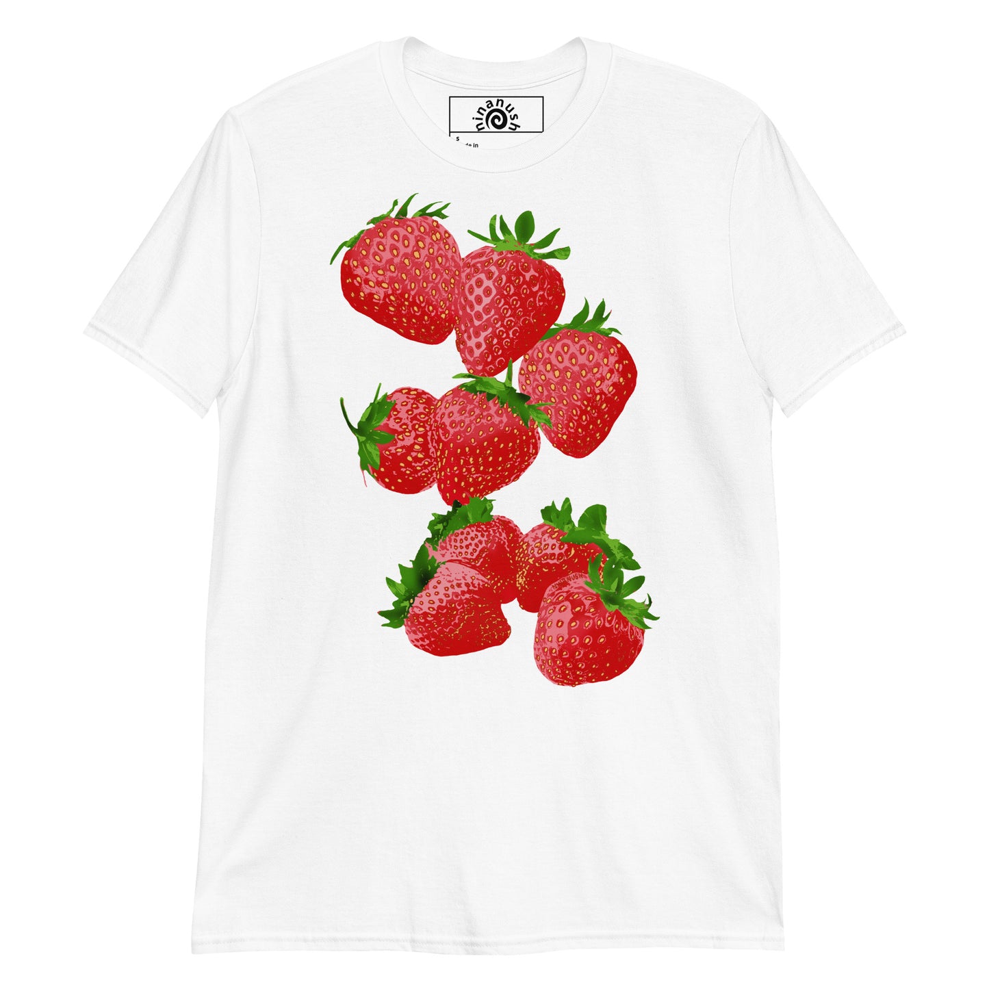 White Strawberry T-shirt from Nina's Funky Shop by ninanush - Do you love strawberries? Looking for a fun gift? Our colorful Strawberry T-shirt is just what you need. It's a soft and comfortable graphic tee with a bright, hand drawn strawberry design, expertly printed on the front. Stand out in this strawberry lover t-shirt. It's a funky foodie shirt for strawberry enthusiasts.