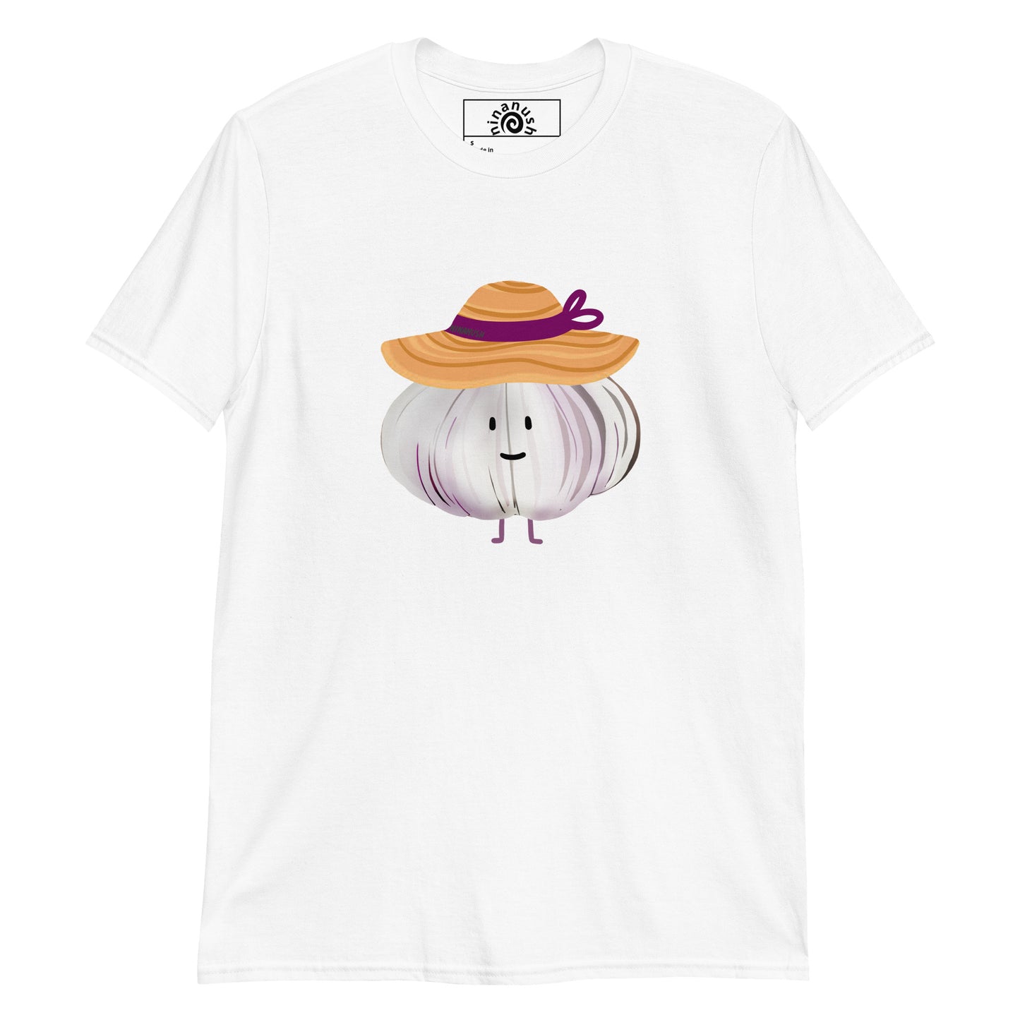 White T-shirt with A happy head of garlic wearing a sunhat from Nina's Funky Shop by ninanush - Do you love garlic? Looking for a weird graphic tee for your favorite foodie? Our Unique Garlic Design T-shirt is just what you need. It's a t-shirt with a hand drawn design of a happy garlic wearing a sunhat. Stand out in this garlic lover t-shirt. It's a funky gift for garlic enthusiasts and a quirky tee for everyday.