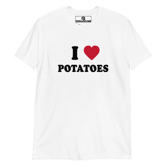 White I Heart Potatoes T-shirt from Nina's Funky Shop - Do you love potatoes? Looking for a gift for a potato lover? Our I Heart Potatoes T-shirt is just what you need. It's a soft and comfortable cotton shirt with a classic I Heart Potatoes design, expertly printed on the front. The perfect funny t-shirt for potato lovers and food enthusiasts of all kinds. Designed by Nina.