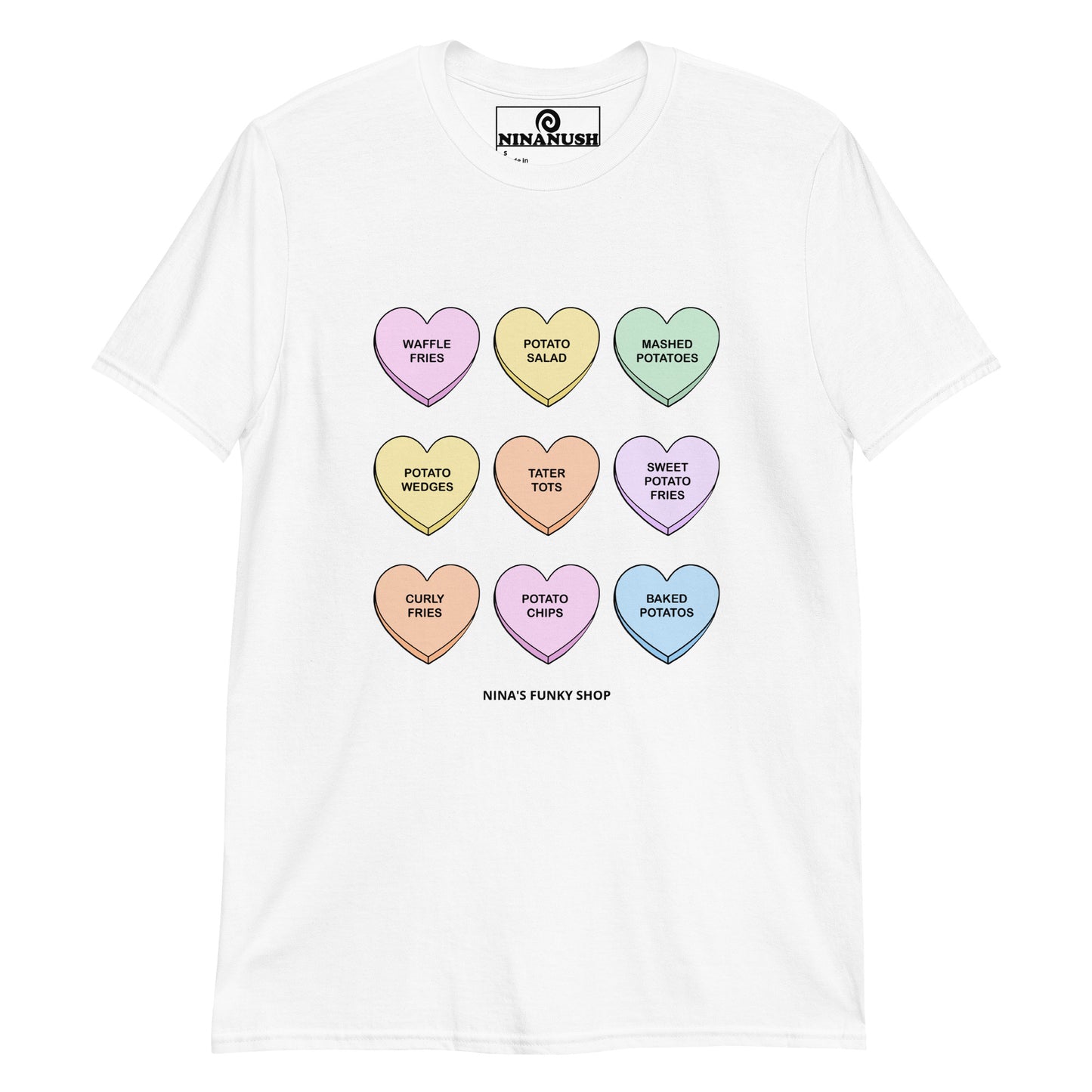 White Colorful Hearts Potatoes T-shirt - Do you love potatoes? Looking for a Valentine's Day gift? Our Valentine's Potatoes T-shirt is just what you need. It's a soft and comfortable cotton shirt with a funny Valentine design of colorful hearts with different potato foods. It's the perfect graphic tee for Valentine's Day and everyday potato enthusiasts.