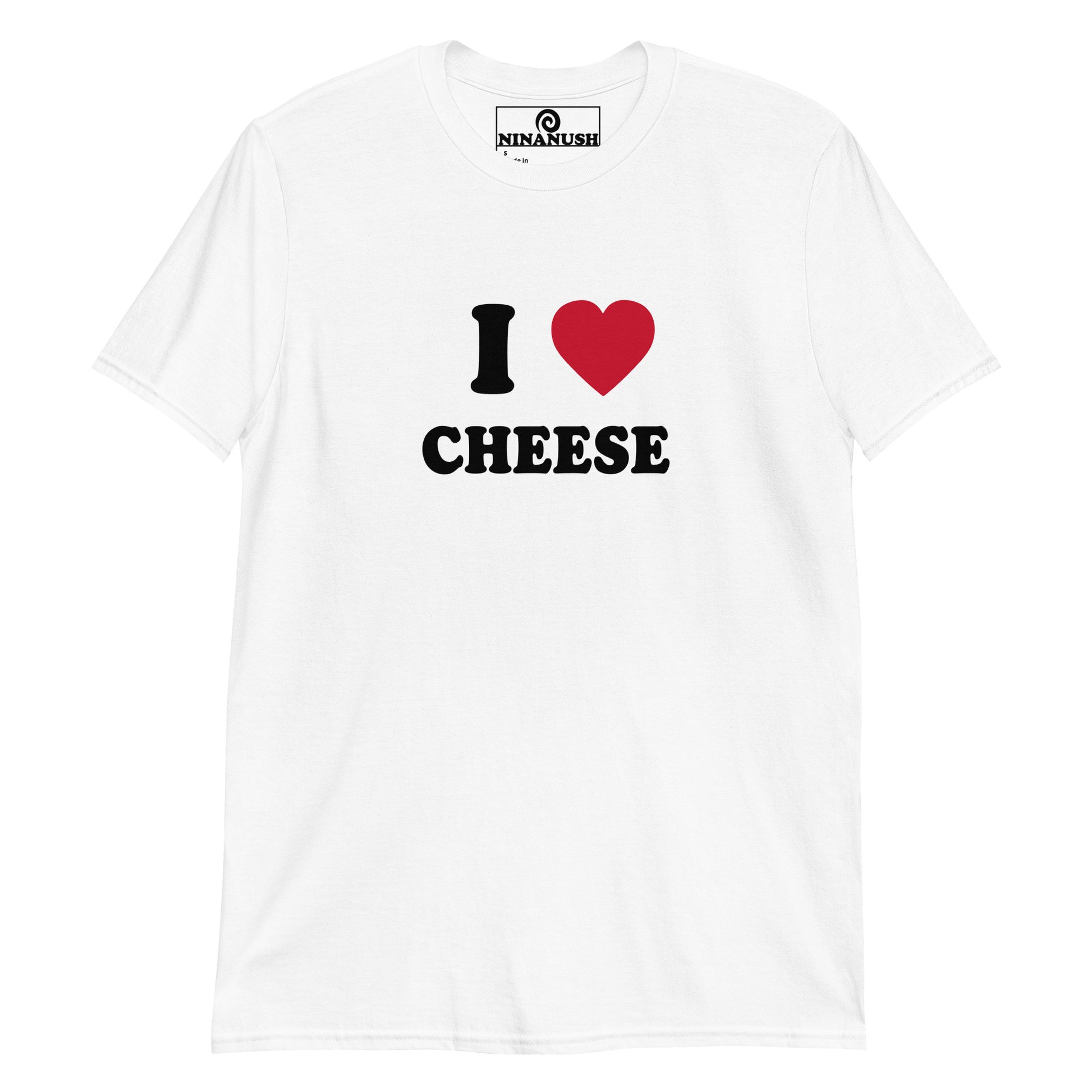 White I heart Cheese T-shirt - Do you love cheese? Looking for a gift for a cheese lover? Our I Heart Cheese T-shirt is just what you need. It's a soft and comfortable cotton shirt with classic I Heart Cheese design, expertly printed on the front. The perfect tee for everyday foodies and cheese enthusiasts. Celebrate your favorite foods in our funky foodie clothing, designed by Nina and made just for you. 