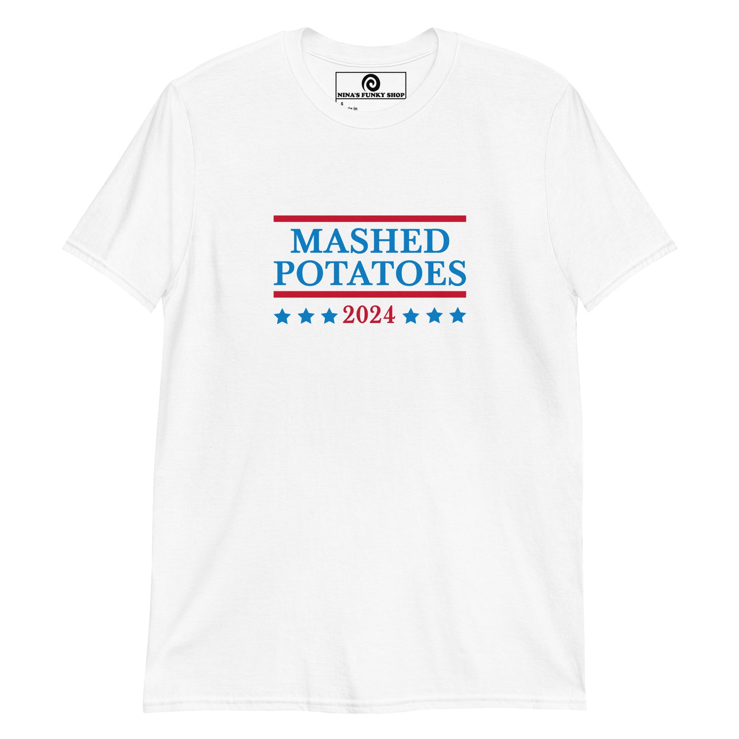 White funny political t-shirt for mashed potato lovers - Are you a mashed potato enthusiast? Looking for a funny voting t-shirt? Our Mashed Potatoes 2024 Election T-shirt is just what you need. It's a cotton tee with a funny vote design, expertly printed on the front. The perfect tee for mashed potato lovers and a controversial political t-shirt design for everyday foodies.