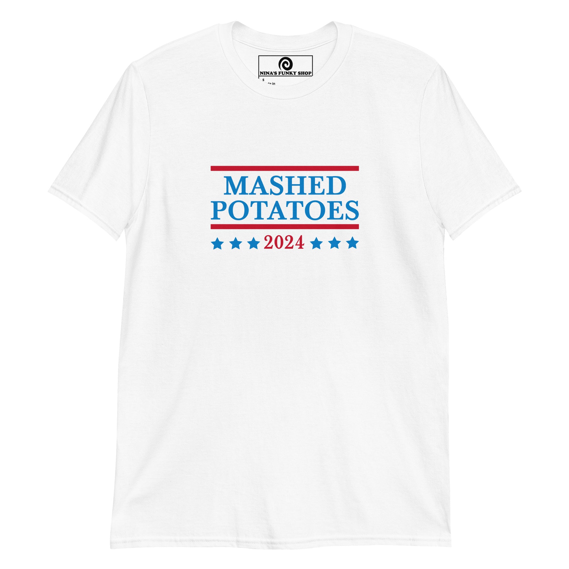 White funny political t-shirt for mashed potato lovers - Are you a mashed potato enthusiast? Looking for a funny voting t-shirt? Our Mashed Potatoes 2024 Election T-shirt is just what you need. It's a cotton tee with a funny vote design, expertly printed on the front. The perfect tee for mashed potato lovers and a controversial political t-shirt design for everyday foodies.