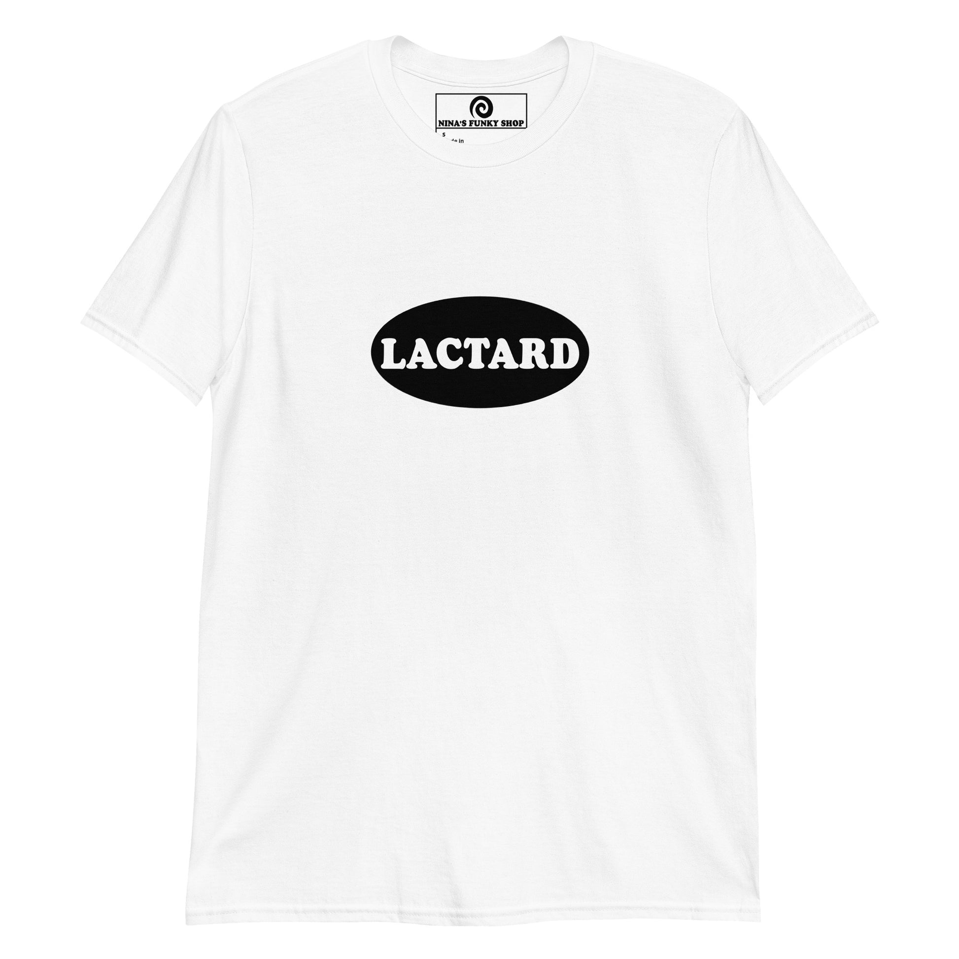 White Lactard T-shirt - Cant handle dairy? Looking for a funny gift for a lactose intolerant friend? Our Lactard T-shirt is just what you need. It's a soft and comfortable t-shirt with a black and white design, expertly printed on the front. Celebrate your favorite foods in our funky foodie clothing, designed by Nina and made just for you.