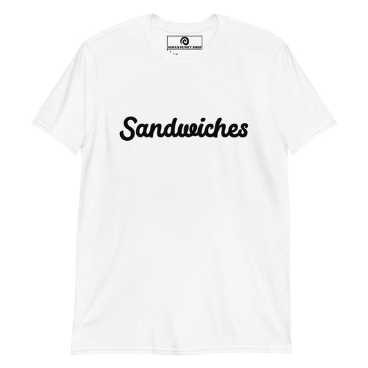 White Sandwiches T-shirt  -Love sandwiches? Looking for a funny gift for sandwich lover? Our customizable Sandwich T-shirt is just what you need. It's a soft and comfortable cotton shirt with a funny foodie design, expertly printed on the front. Celebrate your favorite foods in our funky foodie clothing, designed by Nina and made just for you. 