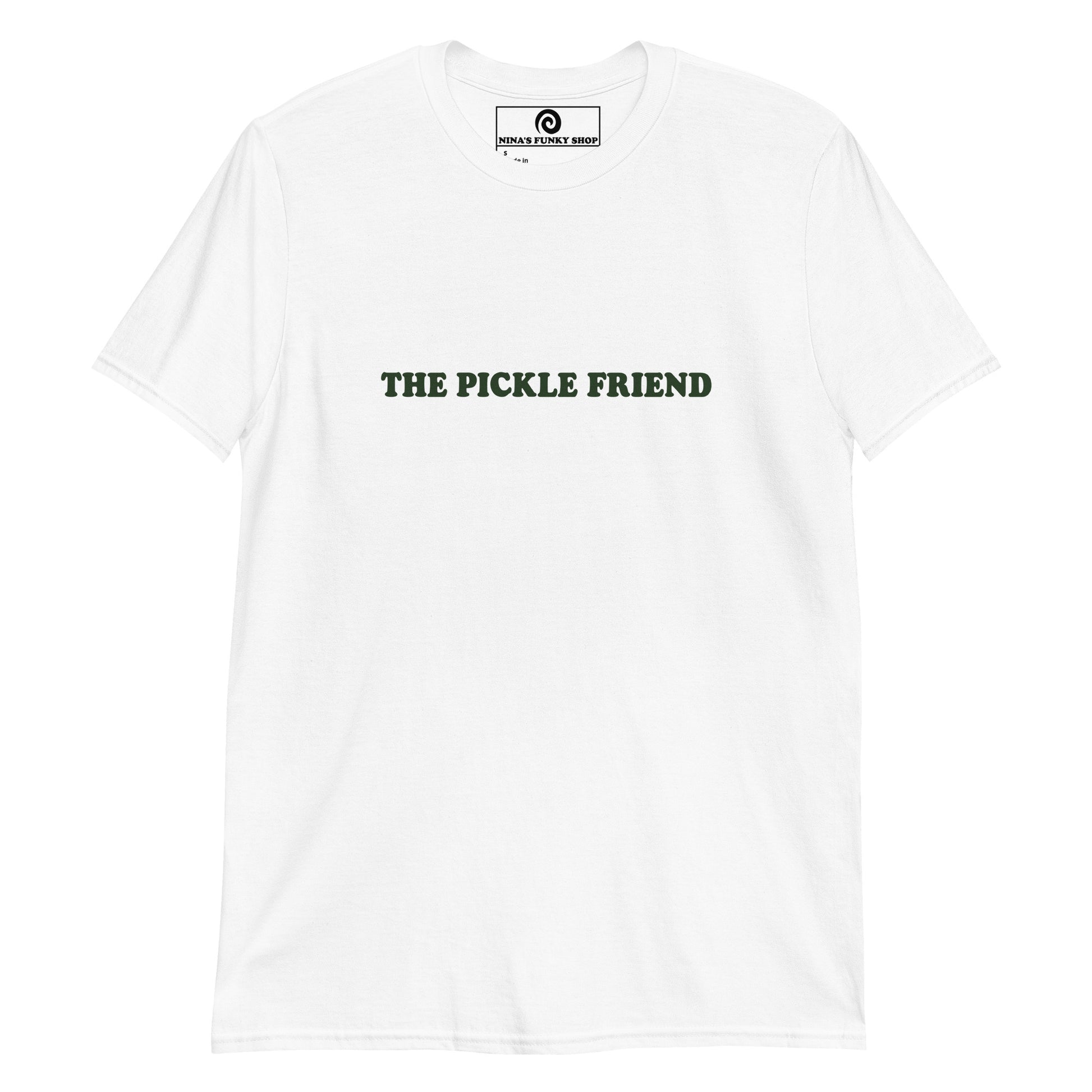 White Pickle Friend T-shirt - Love pickles? Looking for a funny gift for the pickle friend? Our Pickle Friend T-shirt is just what you need. It's a soft and comfortable shirt with "The Pickle Friend", expertly printed on the front. Make a statement and get those extra pickles! It's the tee for pickle enthusiasts and a quirky tee for everyday. 