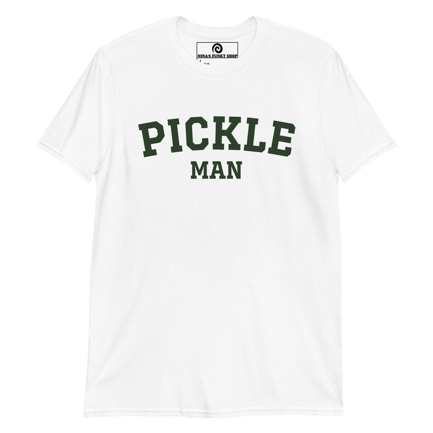 White Pickle Man T-shirt - Crazy for pickles? Looking for a funny gift for the pickle friend? Our Pickle Man T-shirt is just what you need. It's a soft and comfortable shirt with "Pickle Man", expertly printed on the front. It's the perfect varsity tee for pickle lovers and foodies of all kinds. Celebrate your favorite foods in our funky foodie clothing, designed by Nina and made just for you. 