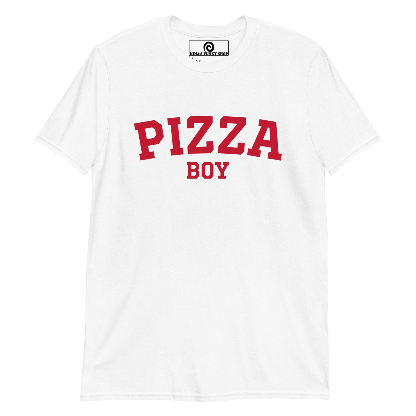 White Pizza Boy T-shirt - Crazy for pizza? Looking for a funny gift for a foodie? Our Pizza Boy T-shirt is just what you need. It's a soft and comfortable shirt with "Pizza Boy", expertly printed on the front. A varsity tee for pizza enthusiasts and foodies of all kinds. Celebrate your favorite foods in our funky foodie clothing, designed by Nina and made just for you.