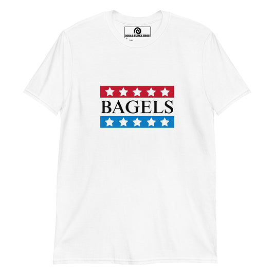 White Bagel t-shirt with voting design - Love bagels? Looking for a funny voting t-shirt design? Our bagels t-shirt is just what you need. It's a soft and comfortable tee with a sarcastic election design, expertly printed on the front. The perfect tee for bagel lovers and everyday foodies. Celebrate your favorite foods in our funky foodie clothing, designed by Nina and made just for you.