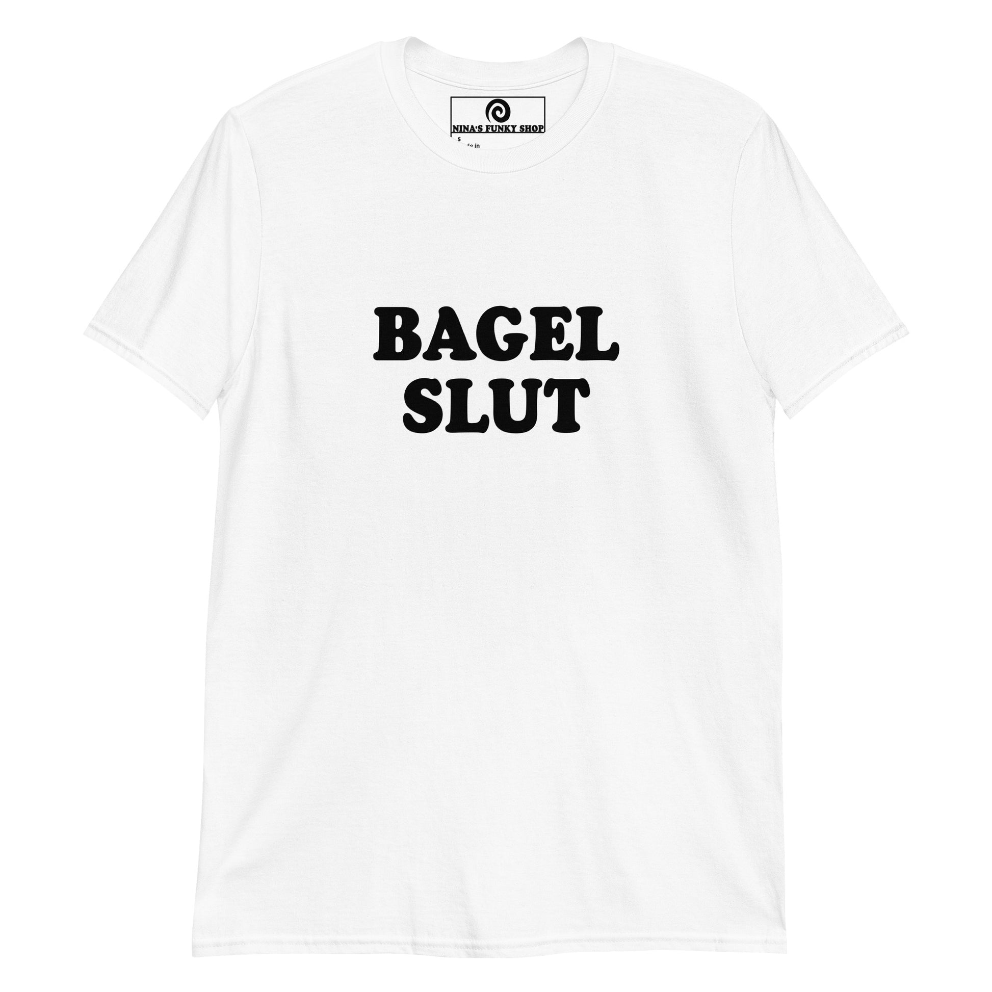 White Bagel Slut T-Shirt - Are you a bagel slut? Looking for a funny gift for a bagel enthusiast? This Bagel Slut T-shirt is soft, comfortable and perfect for everyday bagel babes. Eat your favorite bagel in our bagel lover t-shirt designs and funny foodie apparel. Designed by Nina and made just for you.