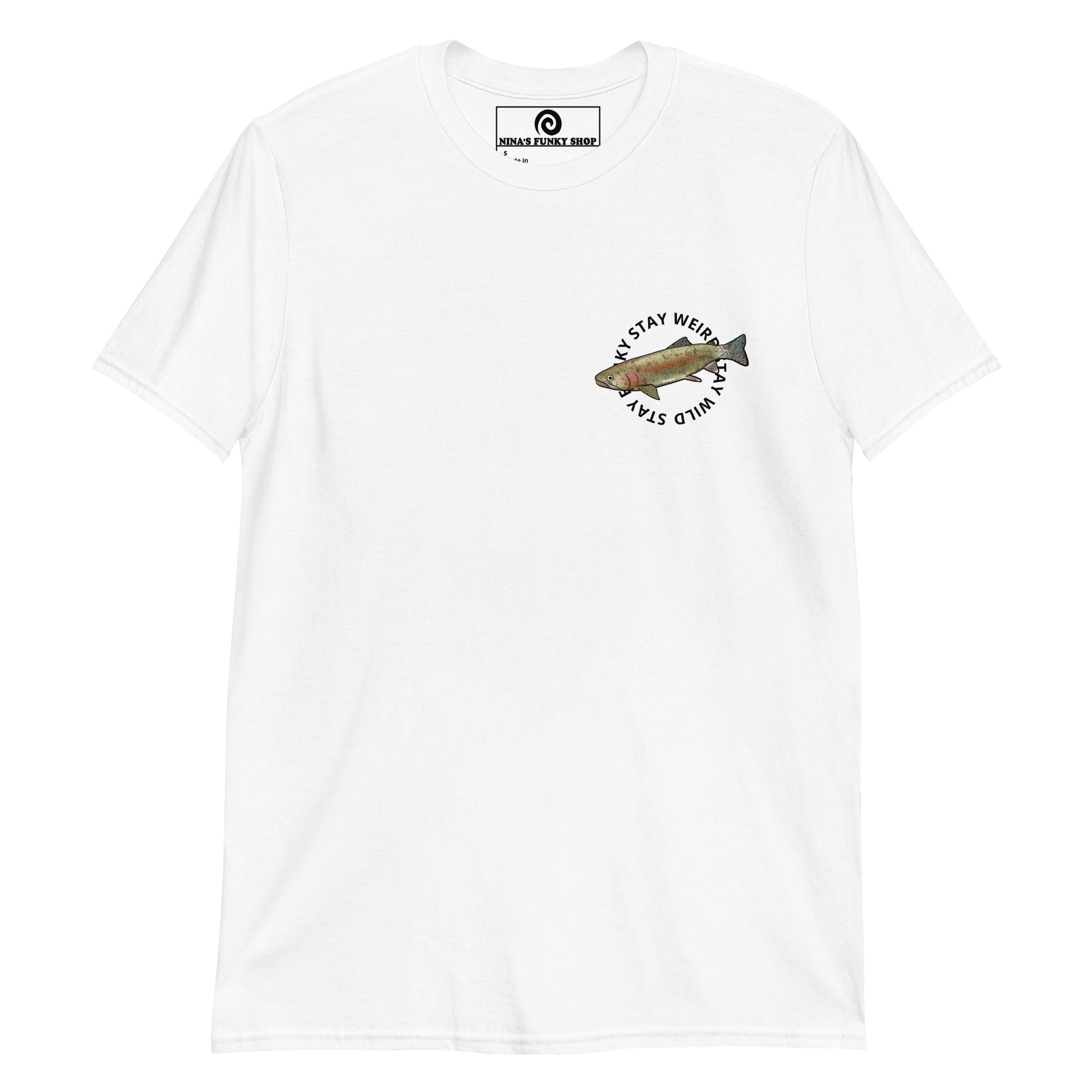 White Trout T-shirt - This funky t-shirt is soft, comfortable and perfect for everyday streetwear. It has a unique rainbow trout design and the words "stay funky stay weird stay wild", expertly printed on the front. Stand out in our hand drawn graphic tees and funky foodie apparel. Designed by Nina and made just for you.