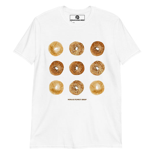 White Bagel Design T-shirt - Love bagels? This unique bagel t-shirt is just what you need! It's soft, comfortable and comes in a variety of colors with a hand drawn bagel design, expertly printed on the front. The perfect tee for bagel lovers and foodies of all kinds. 