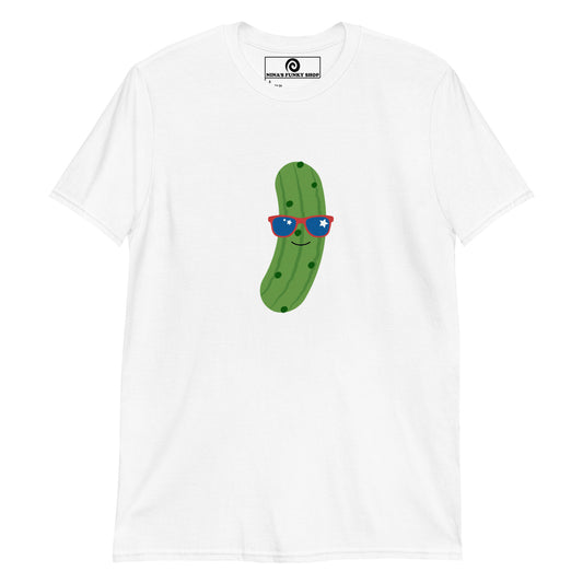 White USA Pickle T-Shirt  - Our Patriotic Pickle T-shirt is soft, comfortable and comes in a variety of colors with a funny pickle design wearing red white and blue sunglasses. The perfect graphic tee for pickle lovers and foodies of all kinds. Stand out in our sarcastic graphic tees and funny foodie apparel. Designed by Nina and made just for you!