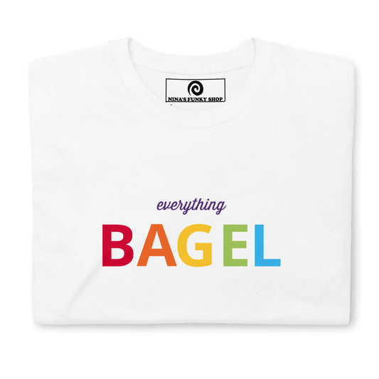 White Everything Bagel T-Shirt - Love bagels? This Bagel T-Shirt is soft, comfortable and perfect for everyday streetwear. It's a classic cotton T-Shirt with a funny pride design for bagel enthusiasts and foodies of all kinds. Stand out in our colorful graphic tees and funny foodie apparel. Designed by Nina and made just for you! 