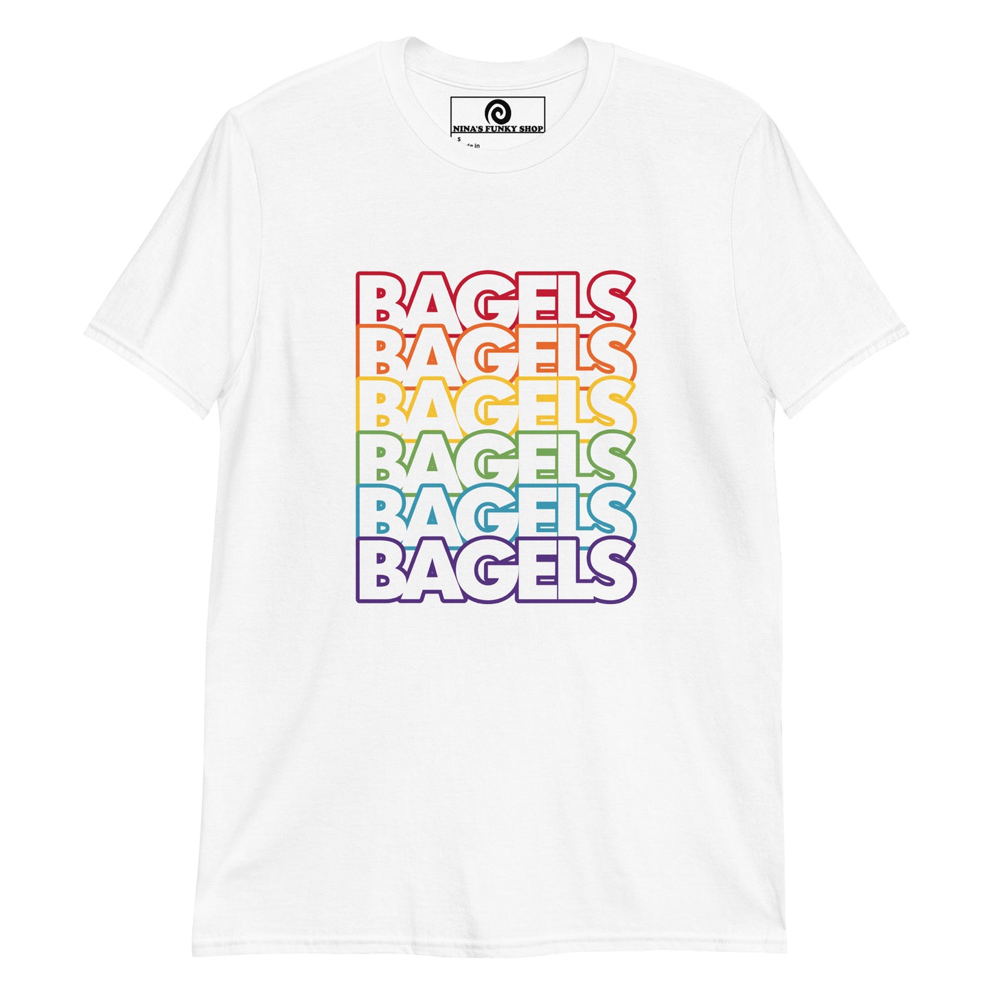 White Rainbow Bagels T-Shirt - Love bagels? This Rainbow Bagel T-Shirt is soft, comfortable and perfect for everyday streetwear. It's a classic cotton T-Shirt with bright pride colors for bagel enthusiasts and foodies of all kinds. Stand out in our colorful graphic tees and funny foodie apparel.