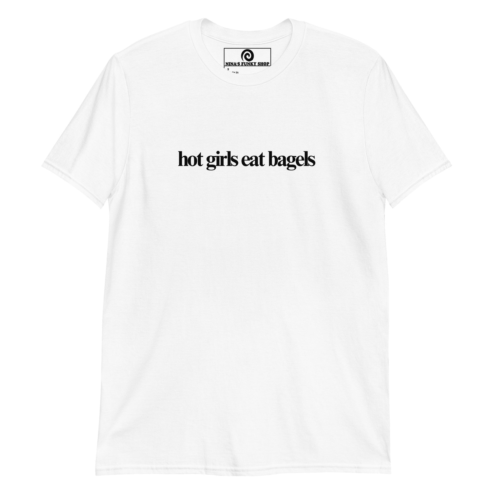 White Hot Girls Eat Bagels T-Shirt - Love bagels? Looking for a gift for a bagel enthusiast? Our Hot Girls Eat Bagels T-Shirt is just what you need. It's a classic cotton shirt with a funny bagel saying, expertly printed on the front. A perfect shirt for bagel lovers and foodies of all kinds. Looking for something personalized? Shoot us an email!