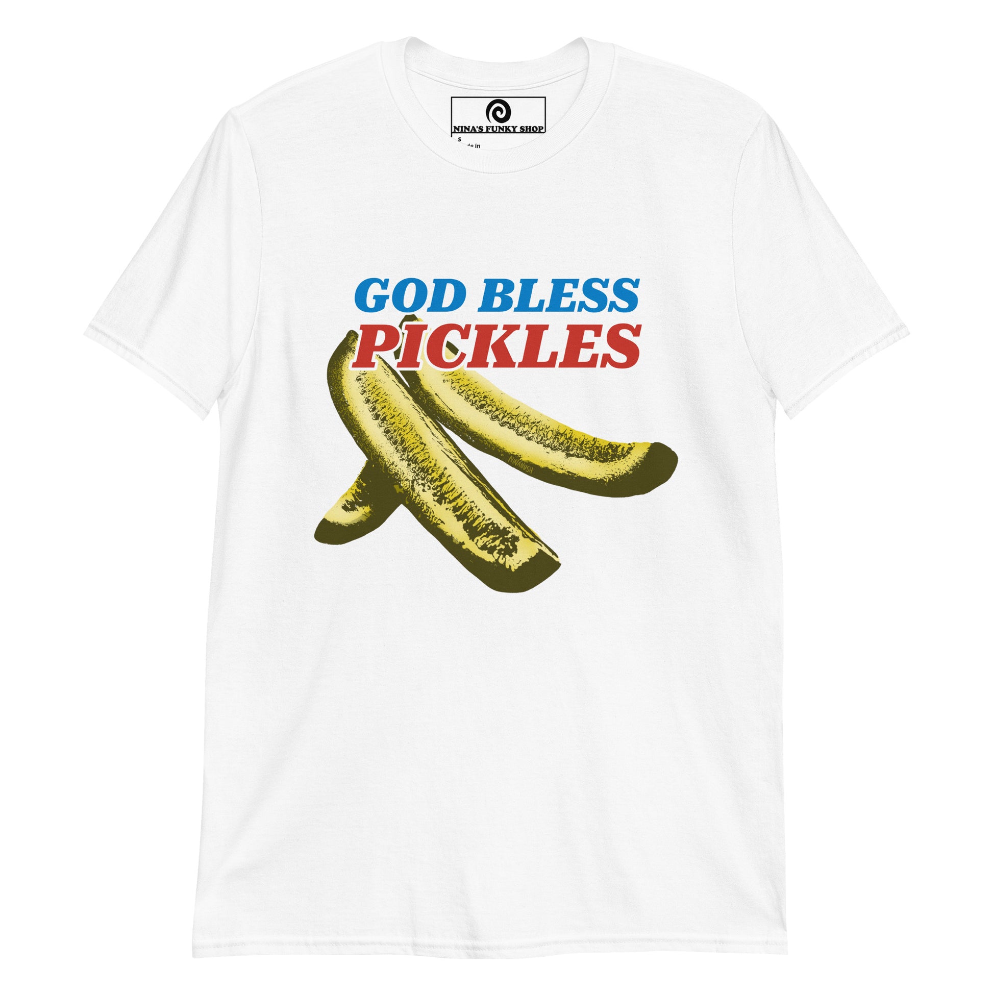 Red White and Blue PIckles Shirt - Love pickles? Looking for the perfect fourth of July T-Shirt? This pickles shirt is just what you need. It's a classic cotton graphic tee with a funny red, white and blue design. The perfect shirt for pickles lovers and foodies of all kinds. Wear it as everyday streetwear, a or give it as a gift for a pickle enthusiast.